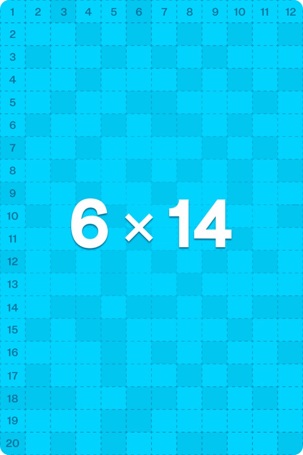Question card: 6 × 14 on a light blue grid background